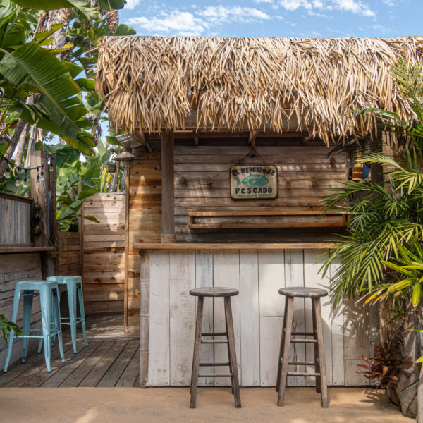 Outdoor Baja bar Café area with thatch roof, wood accents, barstools and palm accents at Tropic Shots production set