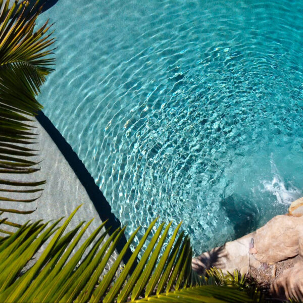 Top view of Crystal clear blue lagoon water with waterfall Baja shelf and palm fronds hanging over at Tropic Shots production set