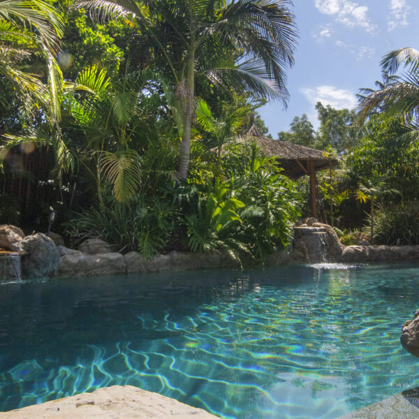 Crystal clear lagoon pool with dual waterfalls and lush vegetation in background at Tropic Shots production set