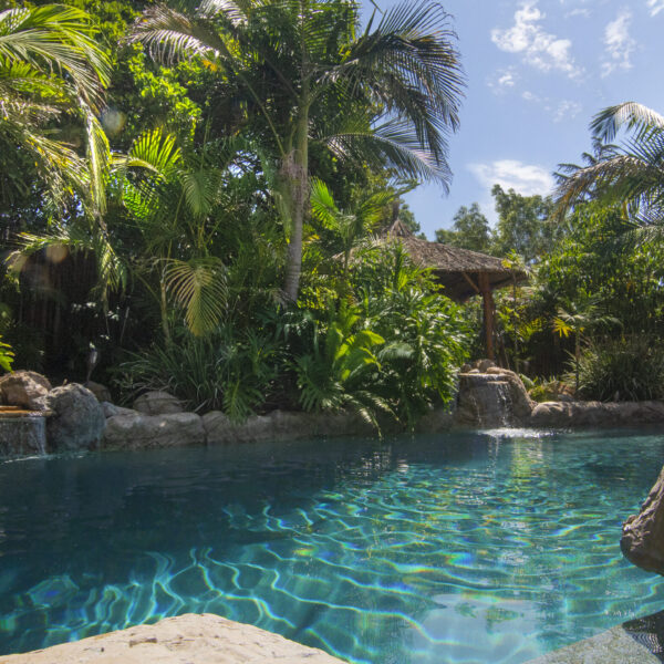 Crystal clear lagoon pool with dual waterfalls, lush tropical vegetation, palm trees and blue sky at Tropic Shots production set