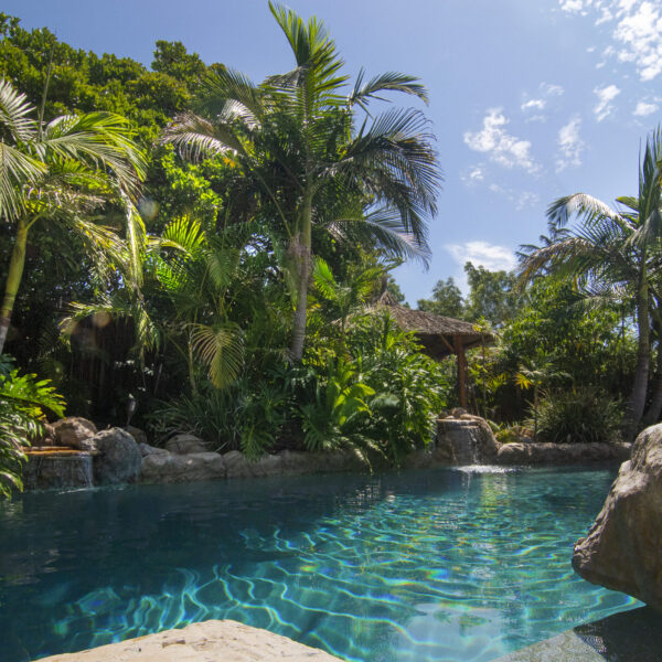 Crystal clear Lagoon pool with dual waterfalls surrounded by lush, tropical foliage at Tropic Shots production set