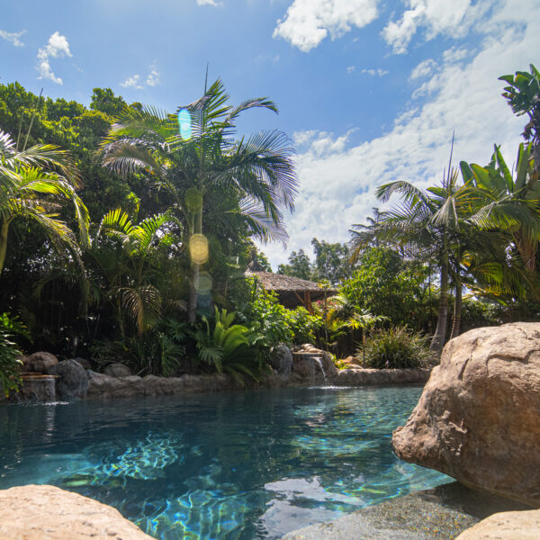 Crystal clear lagoon pool with boulders, waterfalls, dense jungle foliage backdrop and blue sky at Tropic Shots production set