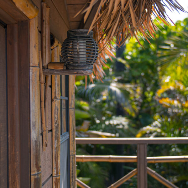 Treehouse door and wall details with thatch bamboo railing and lush palms and background at Tropic Shots production set