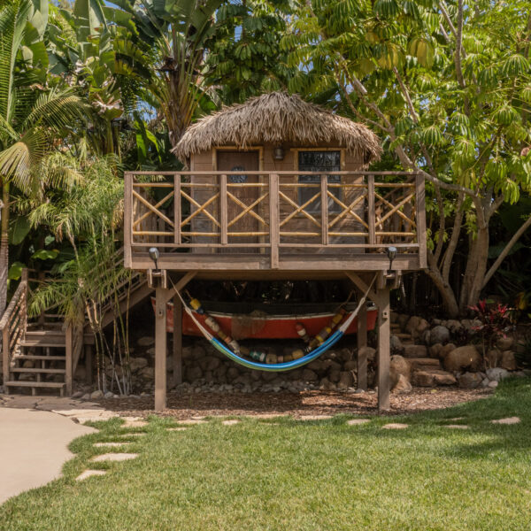 White angle shot of tropical exotic treehouse with bamboo railing, staircase, hammock, and dense jungle foliage surroundings at Tropic Shots production set